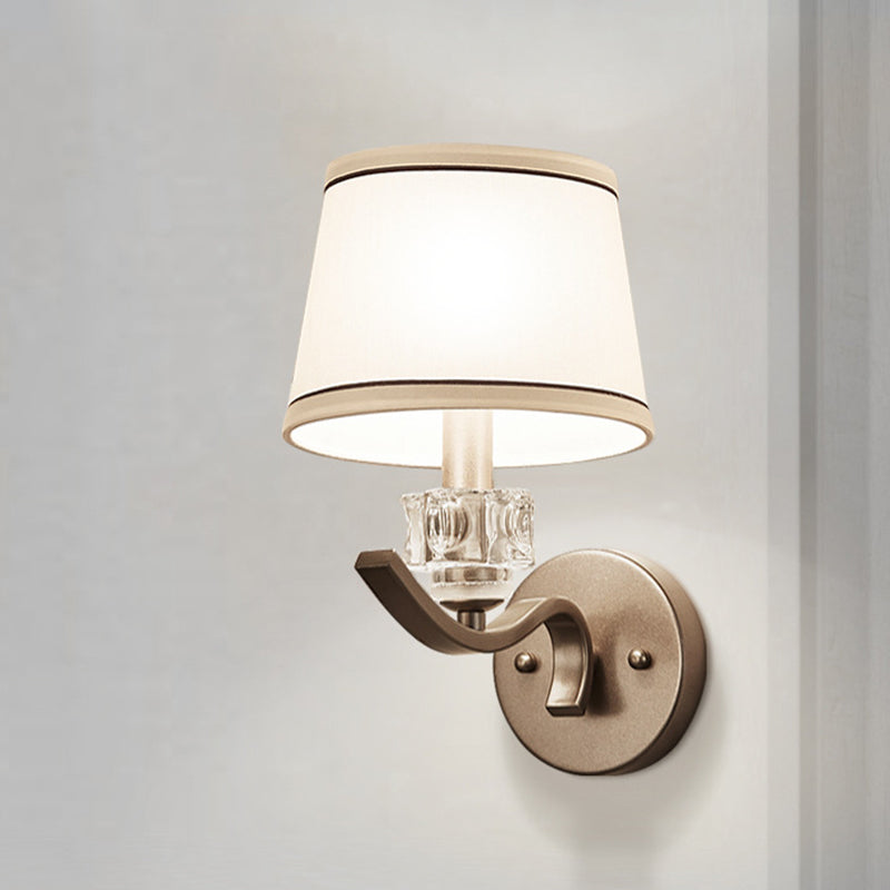 Frustum Shaped White Fabric Wall Lamp With Crystal Ornament Minimalist 1-Bulb Light Kit
