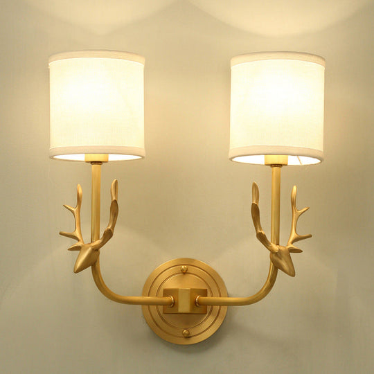 Country Style Gold Deer Wall Mounted Light With Dual Metal Heads And Cylinder Fabric Shade