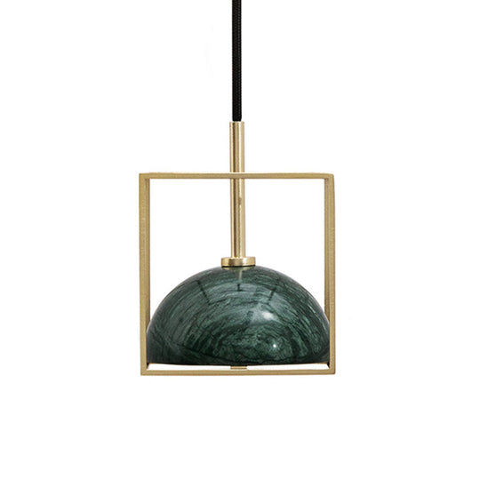 Stylish 1-Light Nordic Marble Pendant With Brass Square Frame