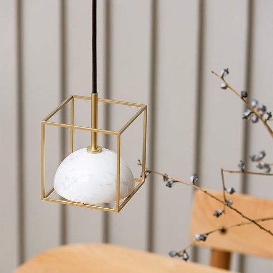 Stylish 1-Light Nordic Marble Pendant With Brass Square Frame White