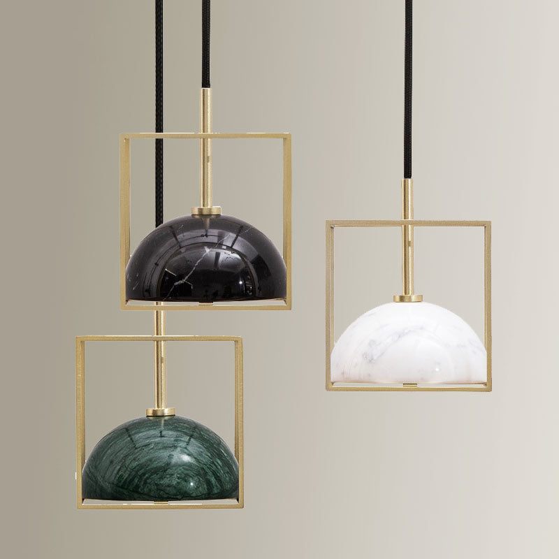 Stylish 1-Light Nordic Marble Pendant With Brass Square Frame