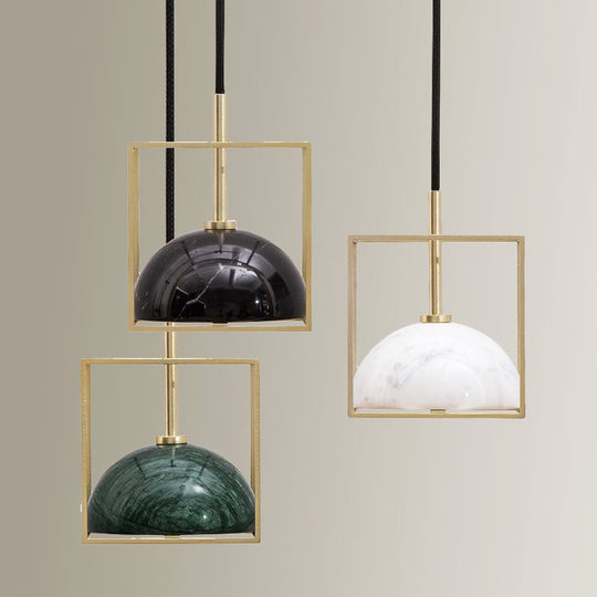 Stylish 1-Light Nordic Marble Pendant With Brass Square Frame