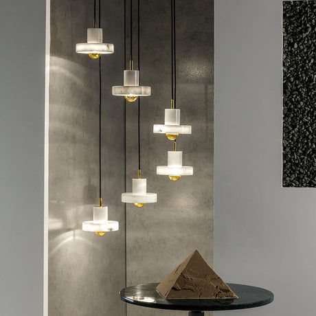 Minimalist Pot-Lid Pendant Marble Dining Room Light In White/Brass - 1-Bulb Suspension White