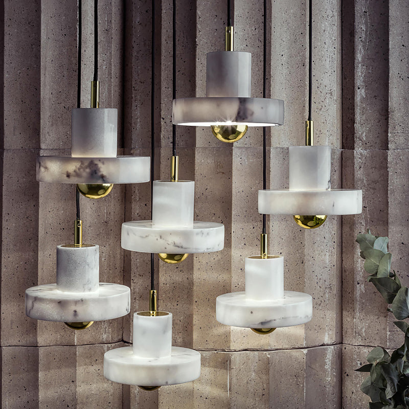 Minimalist Pot-Lid Pendant Marble Dining Room Light In White/Brass - 1-Bulb Suspension