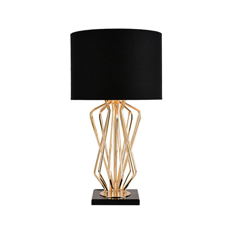 Modern Metal Table Lamp With Gold Finish Hourglass Night Light And Black/White Cylinder Fabric Shade