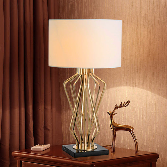 Modern Metal Table Lamp With Gold Finish Hourglass Night Light And Black/White Cylinder Fabric Shade