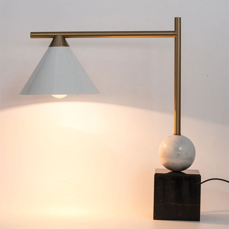 Mid Century Geometric Nightstand Lamp: Marble Base Black-White-Brass Accent 1-Light Bedroom Table