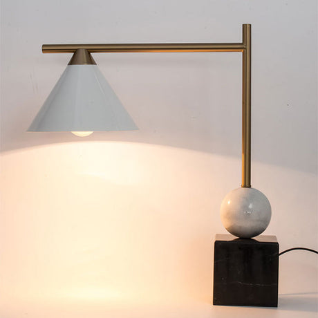 Mid Century Geometric Nightstand Lamp: Marble Base Black-White-Brass Accent 1-Light Bedroom Table