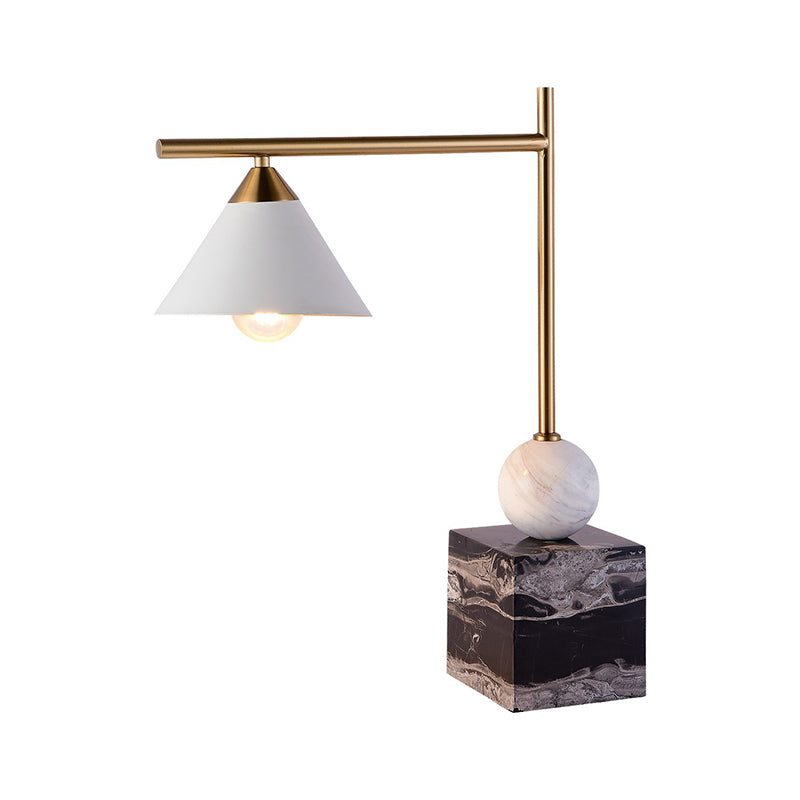Mid Century Geometric Nightstand Lamp: Marble Base Black-White-Brass Accent 1-Light Bedroom Table