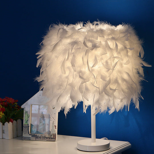 14 Modern Feather Cylinder Night Light - Pink/White/Purple Bedside Table Lamp