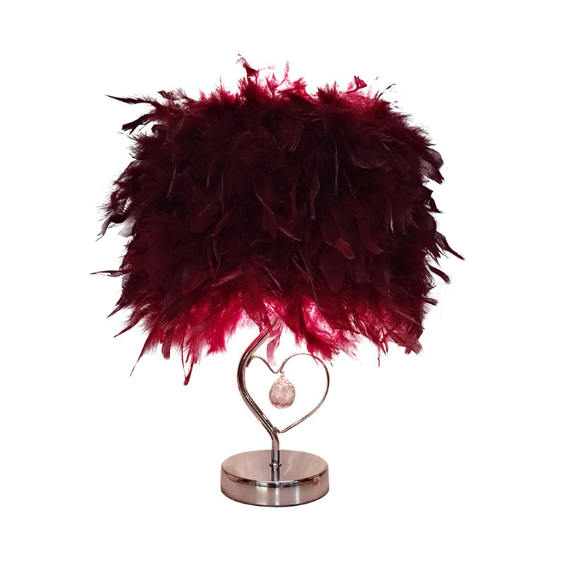 Riley - Modern Single Nightstand Lamp Red/White/Pink Bucket Shaped Table Light With Feather Shade