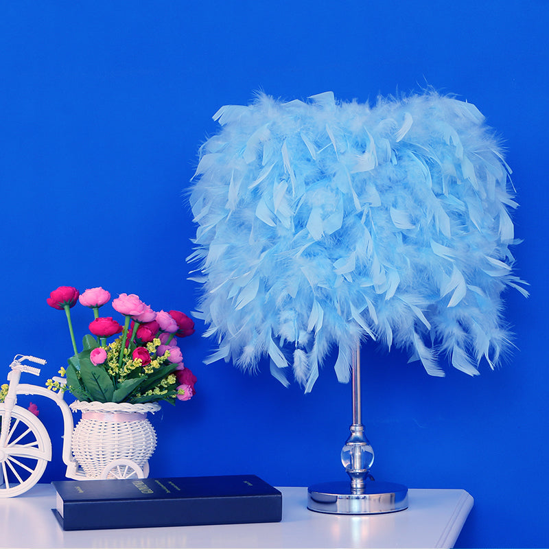 Feather Drum Night Lamp: Simple & Elegant 1-Light Bedroom Table Lighting In Pink/Red/Yellow With