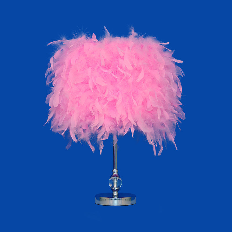 Feather Drum Night Lamp: Simple & Elegant 1-Light Bedroom Table Lighting In Pink/Red/Yellow With