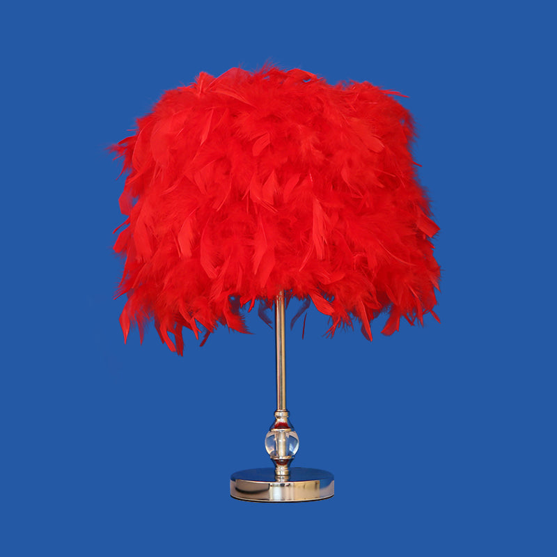Lara - Simplicity Drum Night Lamp Feather 1-Light Bedroom Table Lighting In Pink/Red/Yellow With