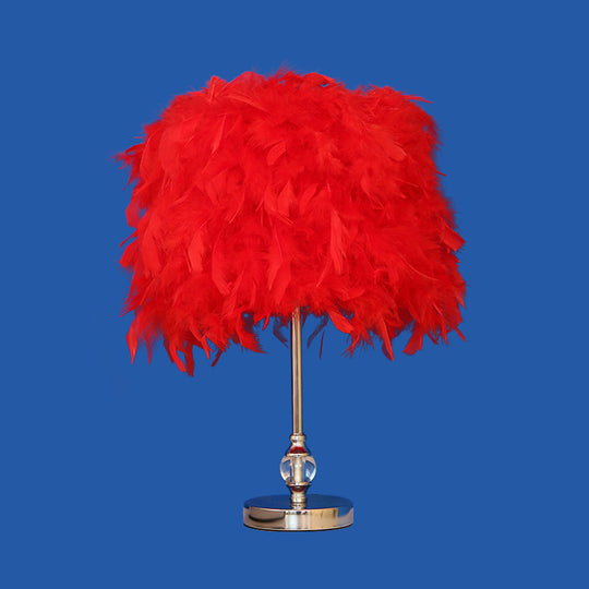 Feather Drum Night Lamp: Simple & Elegant 1-Light Bedroom Table Lighting In Pink/Red/Yellow With