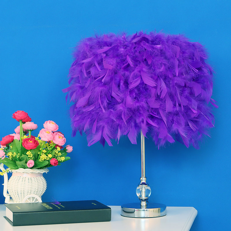 Feather Drum Night Lamp: Simple & Elegant 1-Light Bedroom Table Lighting In Pink/Red/Yellow With