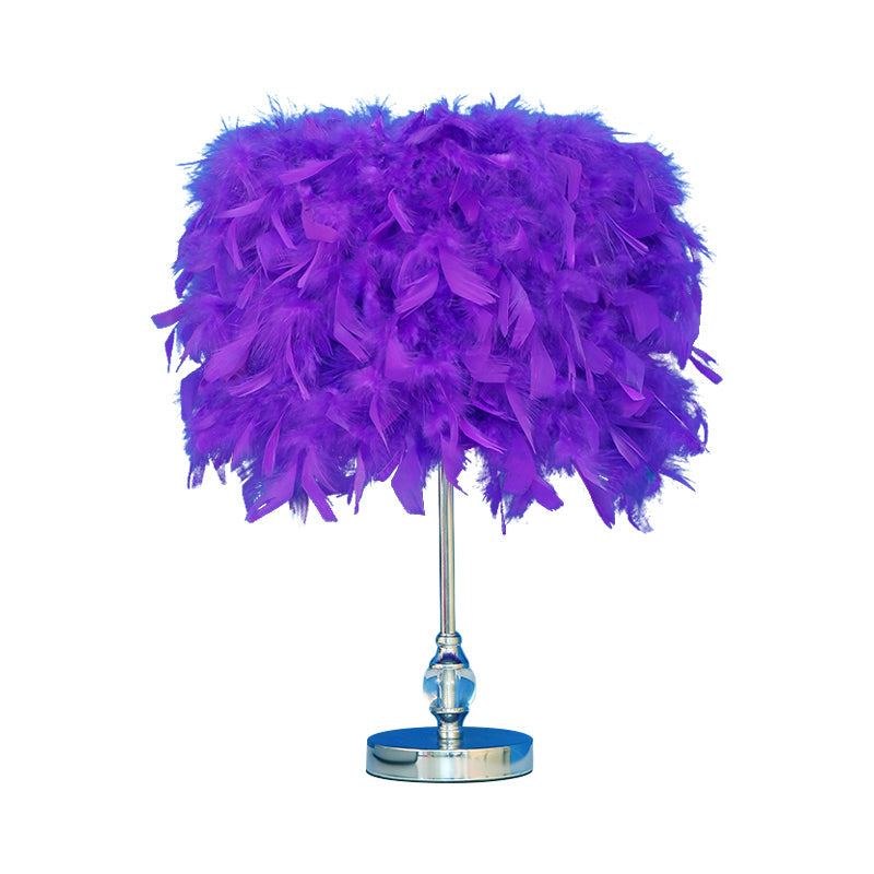 Feather Drum Night Lamp: Simple & Elegant 1-Light Bedroom Table Lighting In Pink/Red/Yellow With