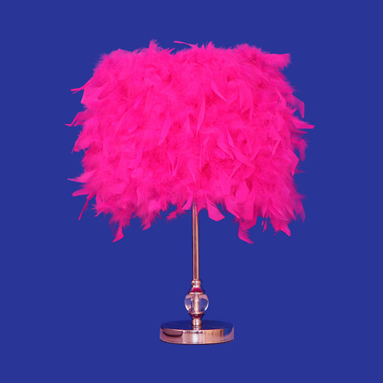 Feather Drum Night Lamp: Simple & Elegant 1-Light Bedroom Table Lighting In Pink/Red/Yellow With
