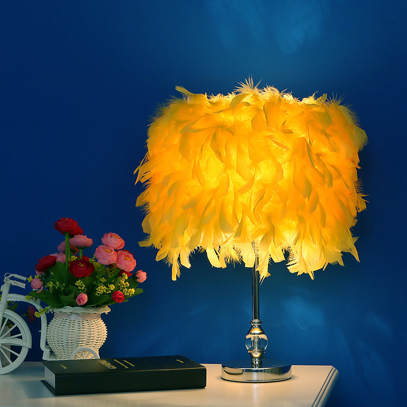 Feather Drum Night Lamp: Simple & Elegant 1-Light Bedroom Table Lighting In Pink/Red/Yellow With