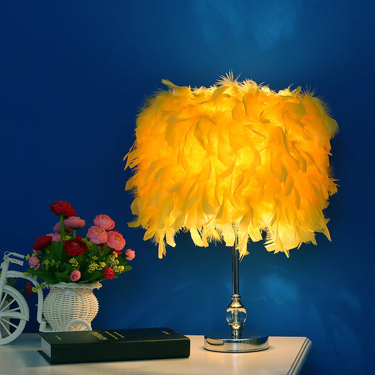 Feather Drum Night Lamp: Simple & Elegant 1-Light Bedroom Table Lighting In Pink/Red/Yellow With