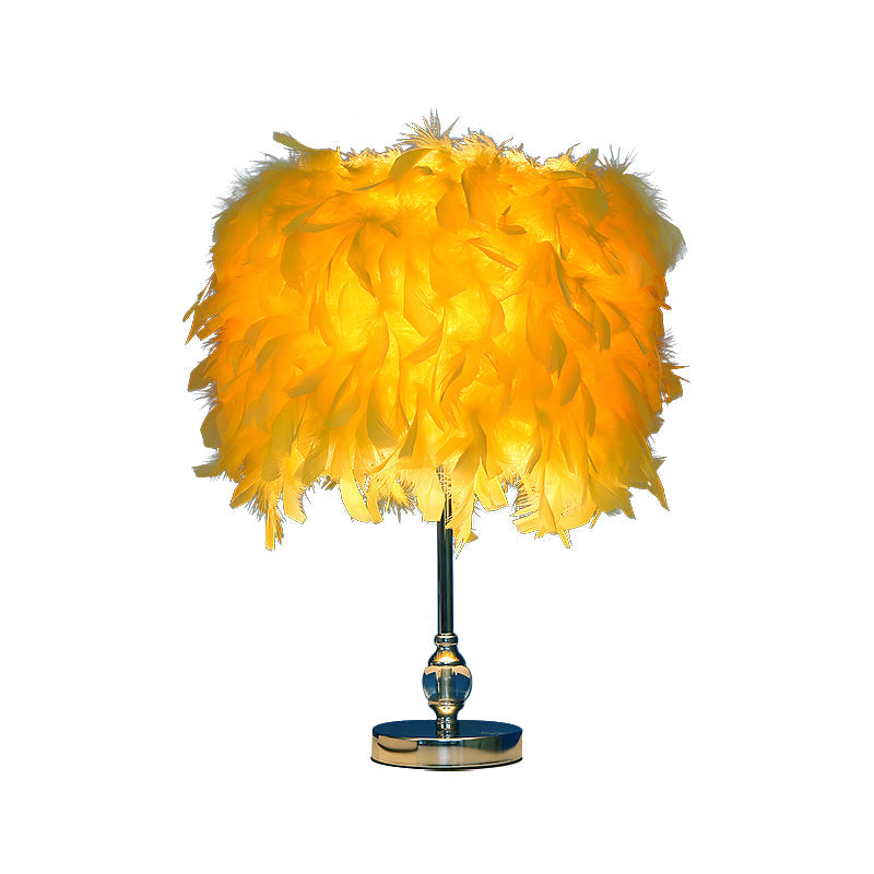 Lara - Simplicity Drum Night Lamp Feather 1-Light Bedroom Table Lighting In Pink/Red/Yellow With