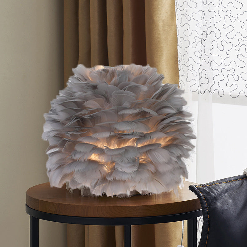 Nordic Sphere Night Lamp - Grey/White/Pink Single-Bulb Feather Table Stand Light For Living Room