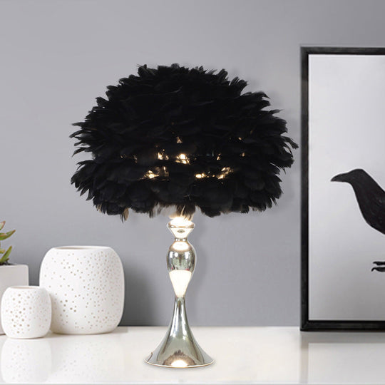 Modern Black/Purple Dome Night Lamp With Feather Table Light And Chrome Baluster Base
