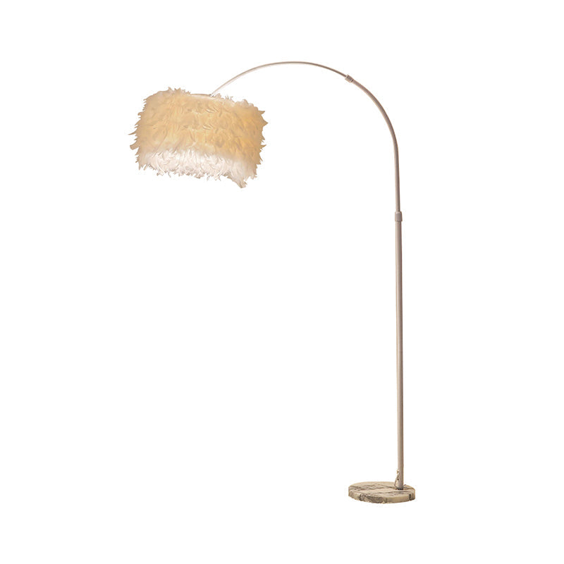Minimalist Black/White Drum Floor Lamp With Feathered 1 Head Curved/Straight Pole