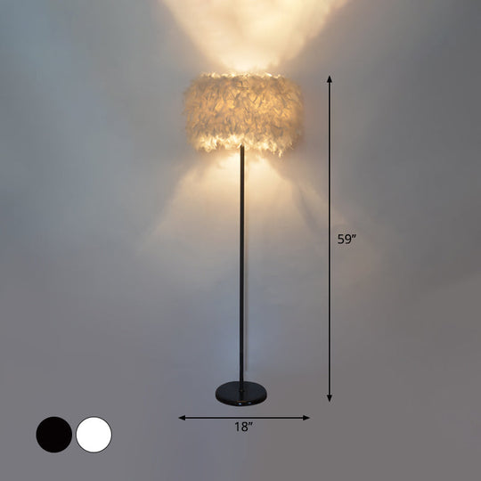 Minimalist Black/White Drum Floor Lamp With Feathered 1 Head Curved/Straight Pole