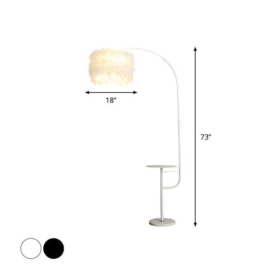 Nordic Feather Standing Lamp: Drum-Shaped 1-Bulb Gooseneck Floor Light Black/White - With/Without