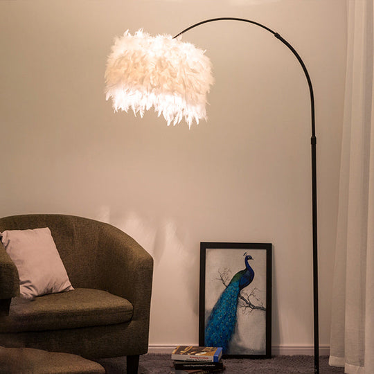 Nordic Feather Standing Lamp: Drum-Shaped 1-Bulb Gooseneck Floor Light Black/White - With/Without