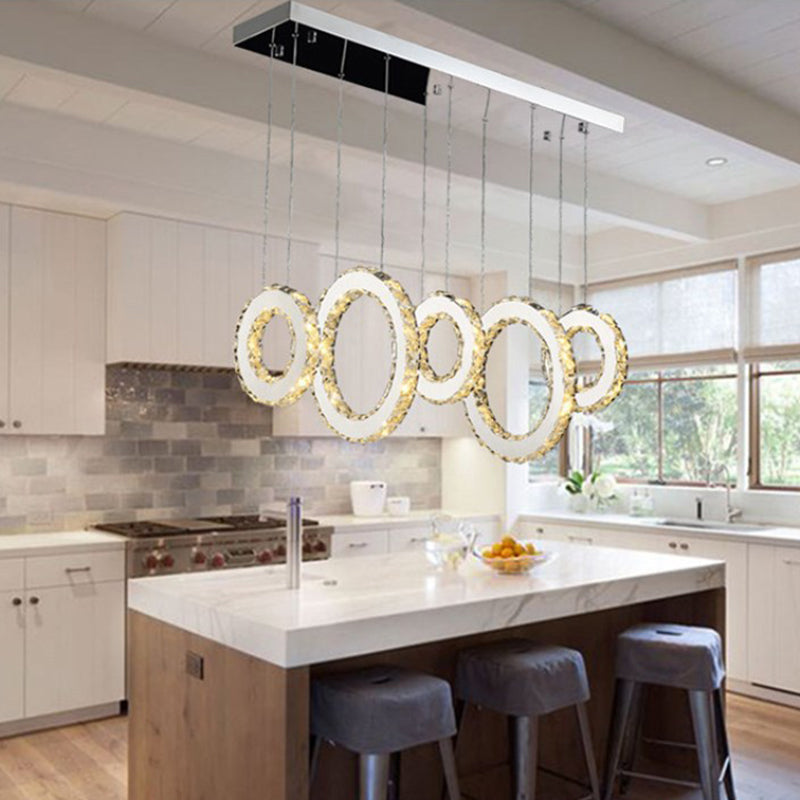 Modern Silver Circular Pendant With K9 Crystal 3/5 Lights For Dining Room Cluster