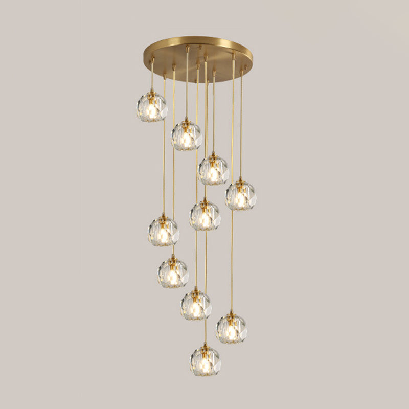 Stylish Modern Brass Ceiling Hang Light With Faceted K9 Crystal Cluster Ball Pendant For Living Room