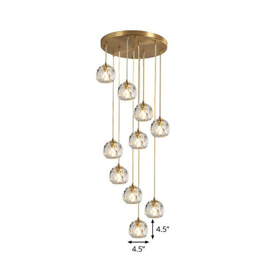 Stylish Modern Brass Ceiling Hang Light With Faceted K9 Crystal Cluster Ball Pendant For Living Room