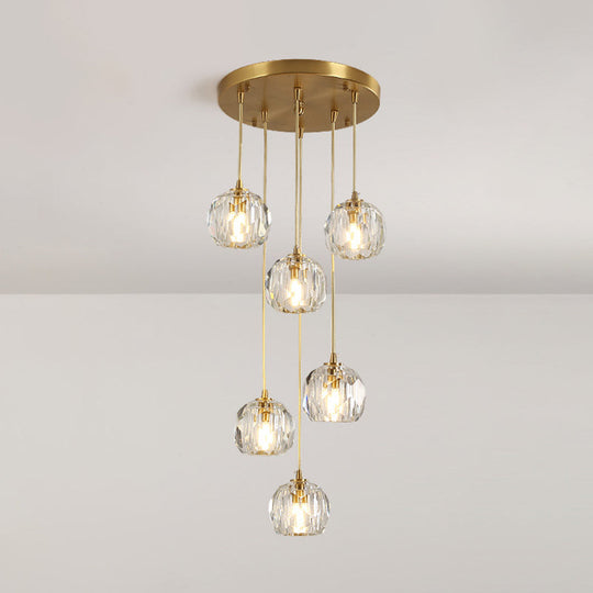 Stylish Modern Brass Ceiling Hang Light With Faceted K9 Crystal Cluster Ball Pendant For Living Room