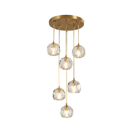 Stylish Modern Brass Ceiling Hang Light With Faceted K9 Crystal Cluster Ball Pendant For Living Room