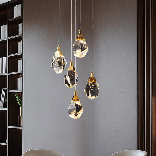 Modern Crystal Raindrop Hanging Lamp: Brass 3/5/24-Light Pendant Light For Dining Room