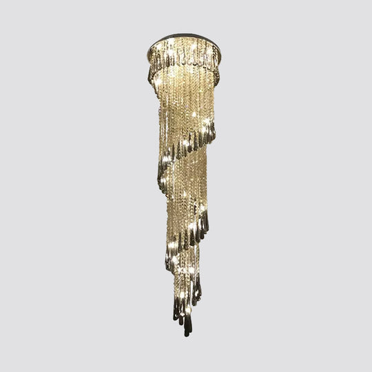 Sleek Led Spiral Ceiling Light With Crystal Draping For Living Room - Stainless Steel Pendant