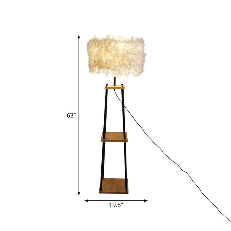 Nordic 2-Tier Wood Floor Lamp With Feather Shade - Grey/White