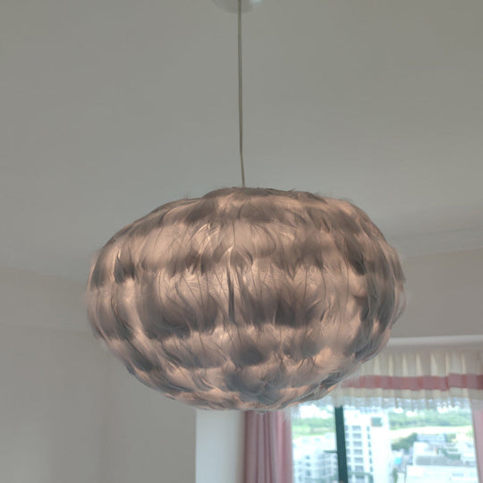 Globe Feather Suspension Lamp: Simple Style Hanging Pendant In Grey/White/Pink