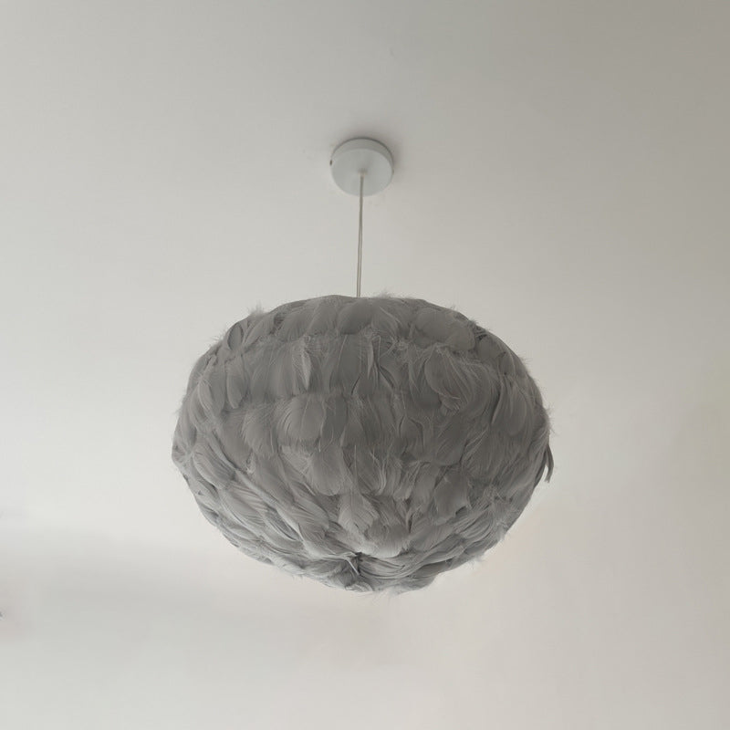 Globe Feather Suspension Lamp: Simple Style Hanging Pendant In Grey/White/Pink
