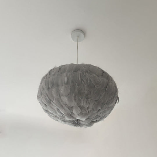 Globe Feather Suspension Lamp: Simple Style Hanging Pendant In Grey/White/Pink