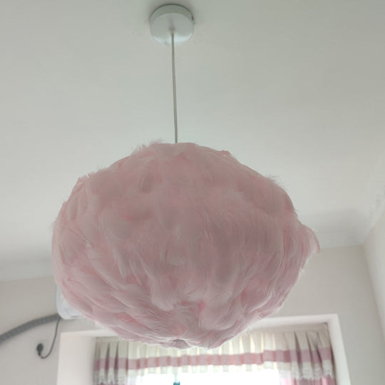 Feathered Globe Dining Room Pendant Lamp With 1 Bulb In Grey/White/Pink Pink