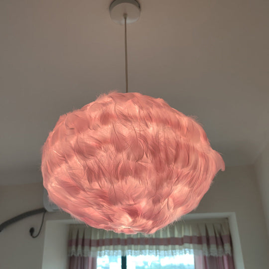 Feathered Globe Dining Room Pendant Lamp With 1 Bulb In Grey/White/Pink