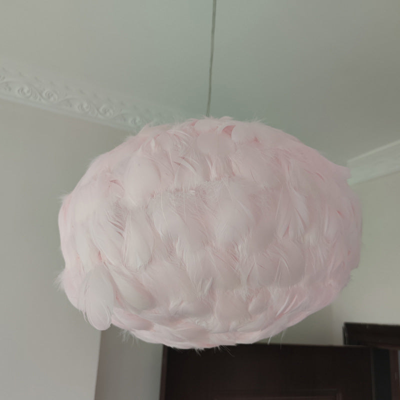 Globe Feather Suspension Lamp: Simple Style Hanging Pendant In Grey/White/Pink