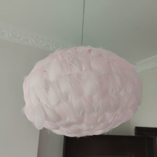 Globe Feather Suspension Lamp: Simple Style Hanging Pendant In Grey/White/Pink