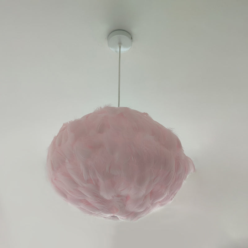 Globe Feather Suspension Lamp: Simple Style Hanging Pendant In Grey/White/Pink