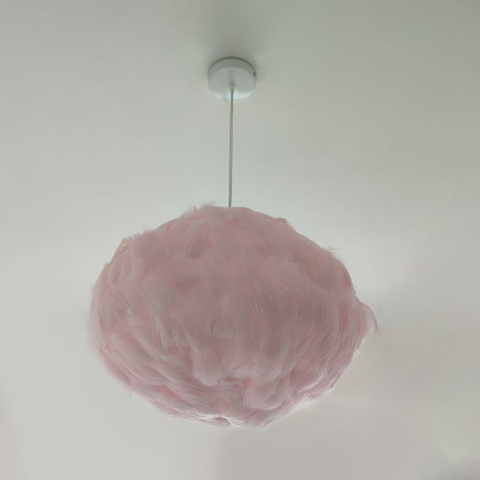 Globe Feather Suspension Lamp: Simple Style Hanging Pendant In Grey/White/Pink