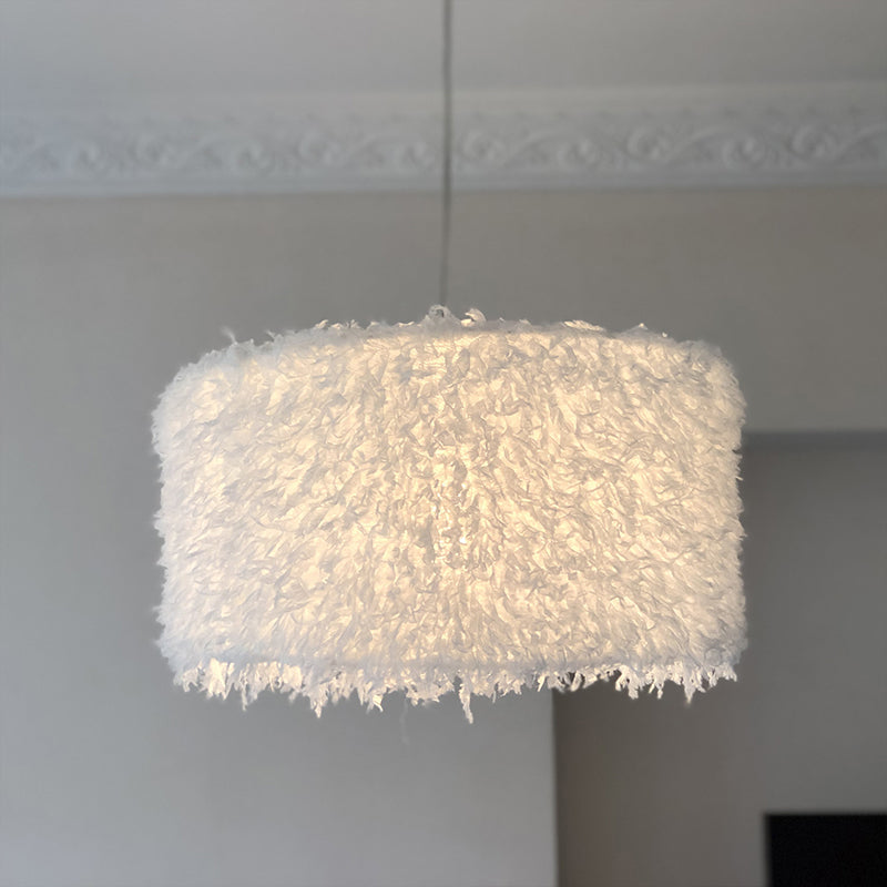 Nordic Pink/White Feathered Pendant Lamp - 1 Bulb Cylindrical/Drum Design 5.5’/8’/14’ Width