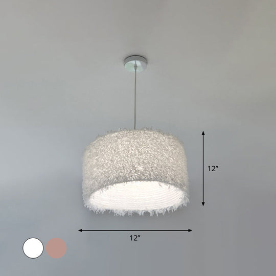 Nordic Pink/White Feathered Pendant Lamp - 1 Bulb Cylindrical/Drum Design 5.5’/8’/14’ Width